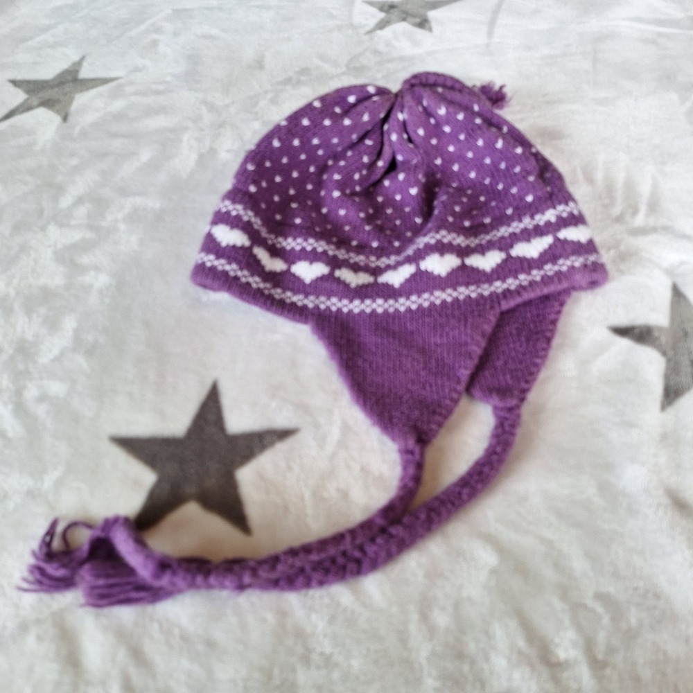 Wolf Cove Designs Poland Maine Purple Cotton Winter Ear Flap Hat Heart Design